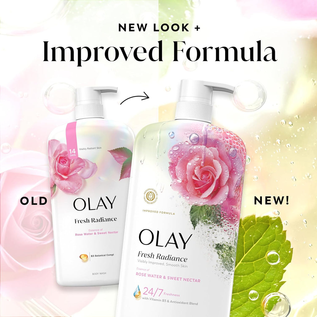 OLAY Fresh Radiance bottles with 'New Look' and 'Improved Formula' text on a floral background.