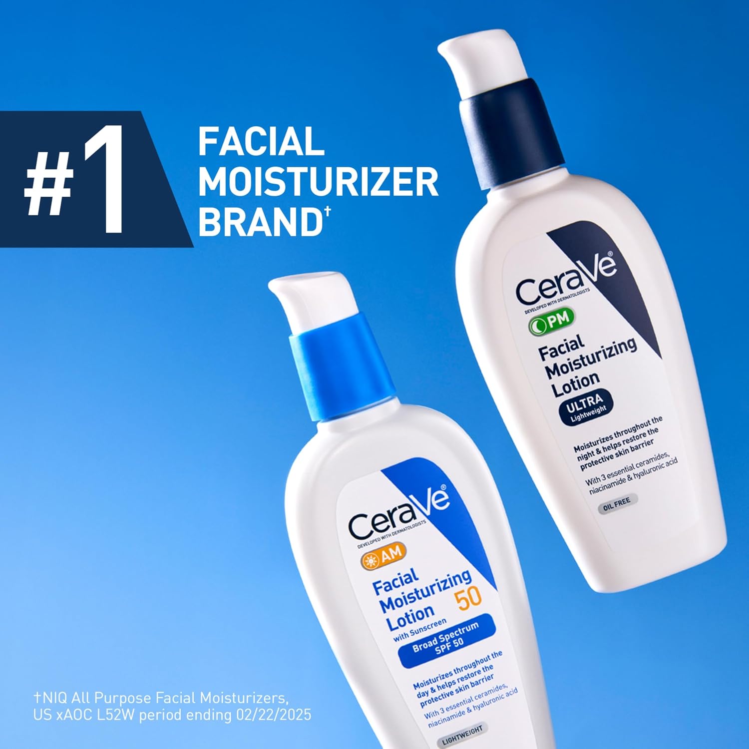 Two bottles of CeraVe facial moisturizing lotion on a blue background with text indicating it's the number one facial moisturizer brand.