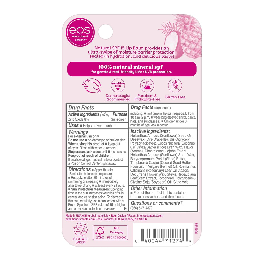 Back of an EOS lip balm packaging with product details and ingredients on a white background