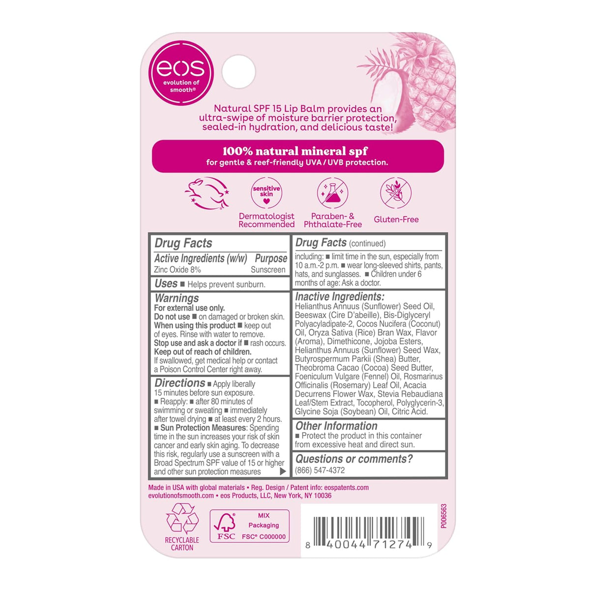 Back of an EOS lip balm packaging with product details and ingredients on a white background