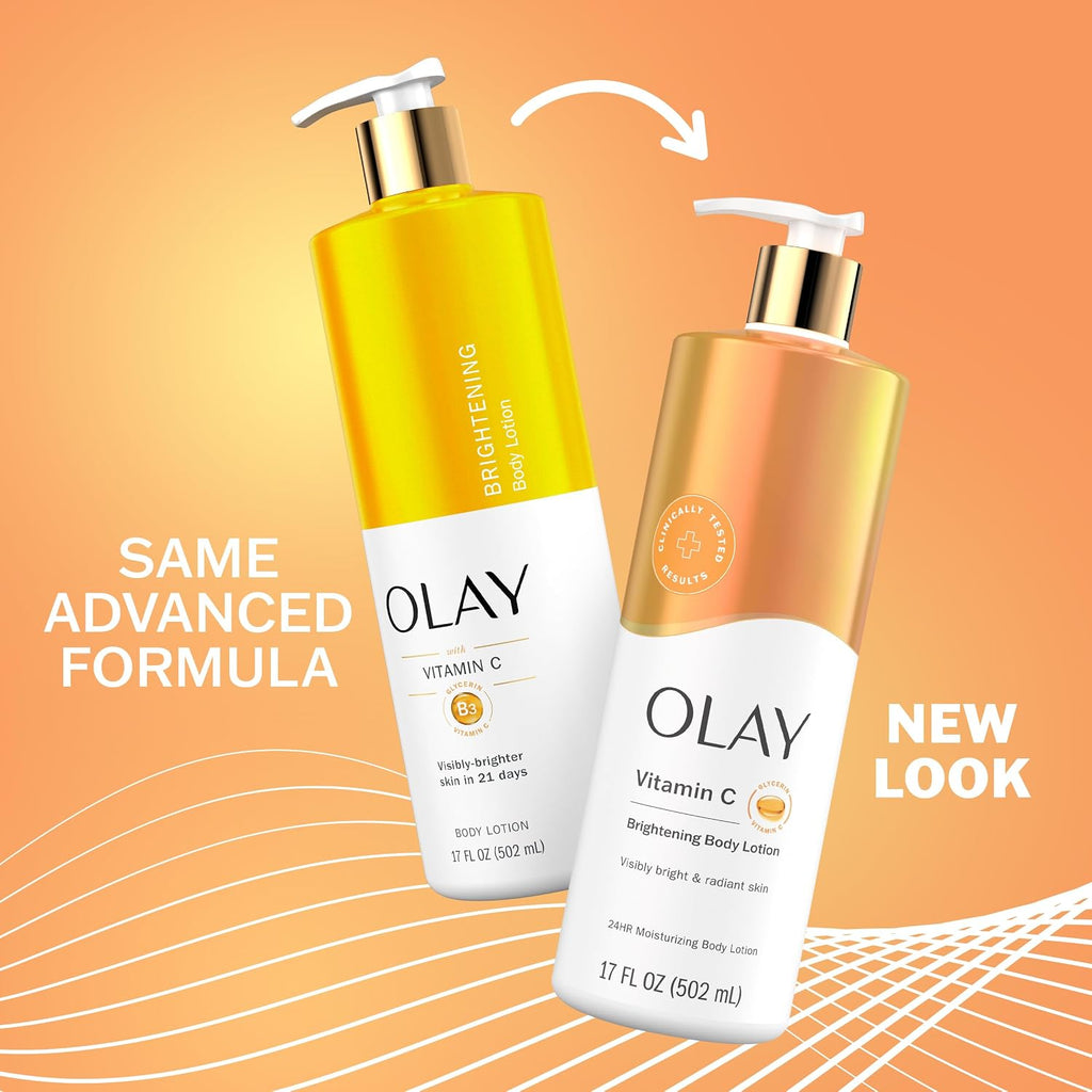 Olay Vitamin C body wash and lotion set on an orange background with text Same Advanced Formua and New look '.