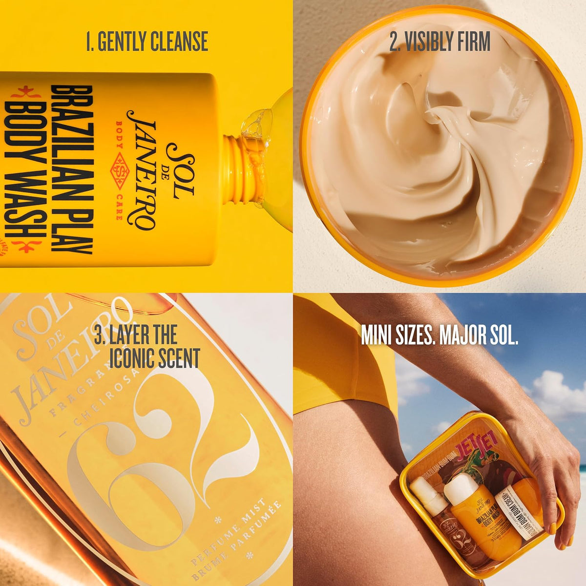 Collage of Sol de Janeiro products including body wash, cream, and packaging with text on a yellow background.