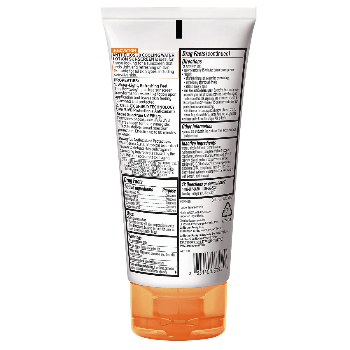 Back view of a white squeeze tube of Sun Guard Water Lotion Sunscreen with an orange cap, showing detailed product information and drug facts on a white background.