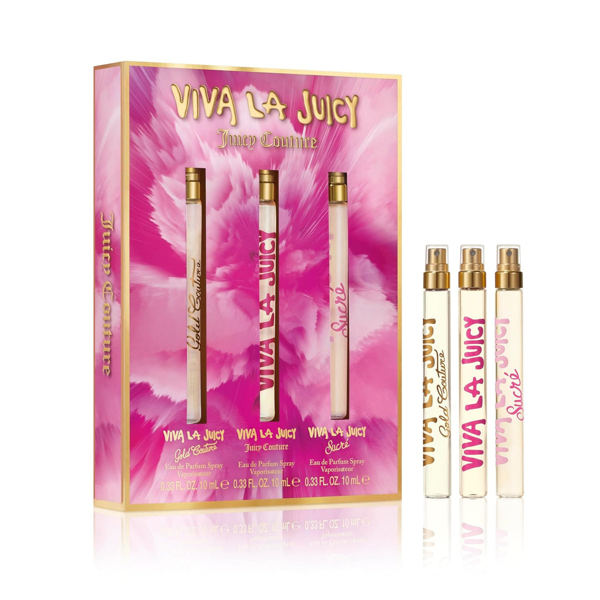 Viva La Juicy Juicy Confitte fragrance gift set with a pink floral box containing three sample vials, plus four matching single-use spray vials displayed to the right on a white background.