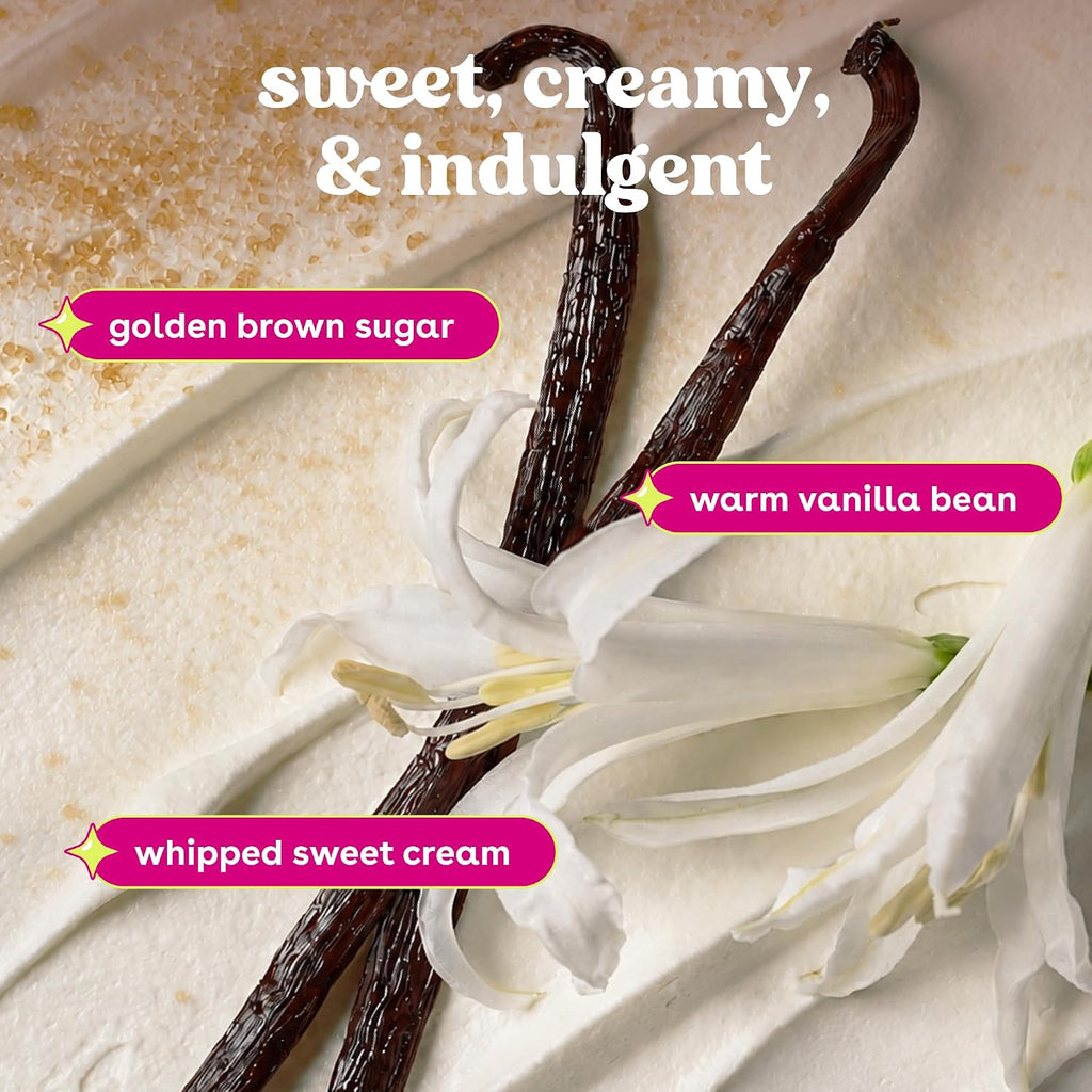 Close-up of whipped cream with two vanilla beans and white flowers, overlaid with text reading 'sweet, creamy, & indulgent' and callouts for golden brown sugar, warm vanilla bean, and whipped sweet cream.