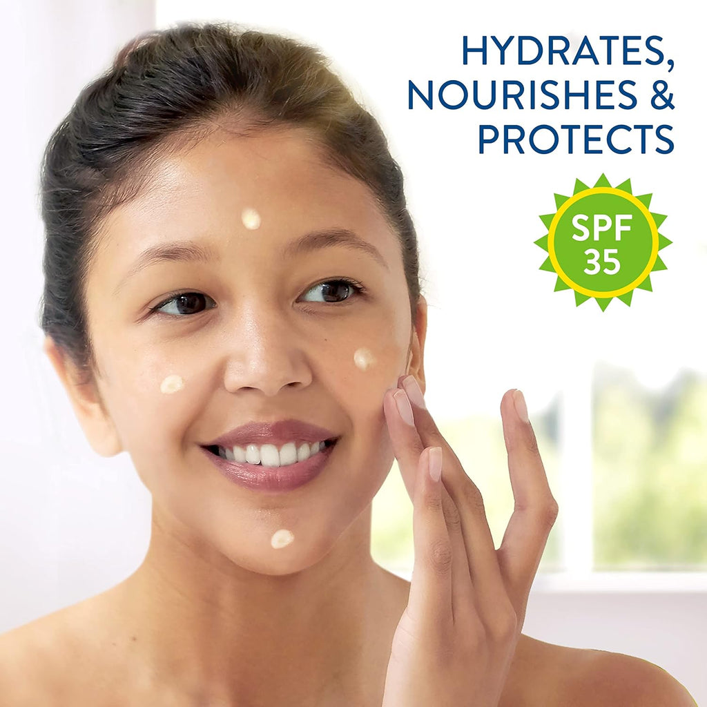 Woman applying cream to her face with text 'Hydrates, Nourishes & Protects' and 'SPF 35' on a blurred background