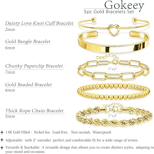 Gokeey 5pc Gold Bracelets Set with detailed specifications on a white background