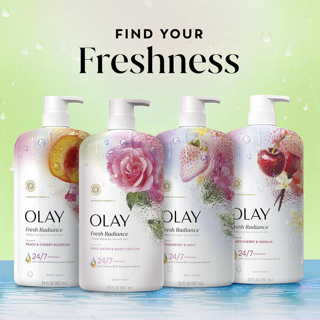 Four Olay Fresh Radiance bottles with floral designs on a light green background.
