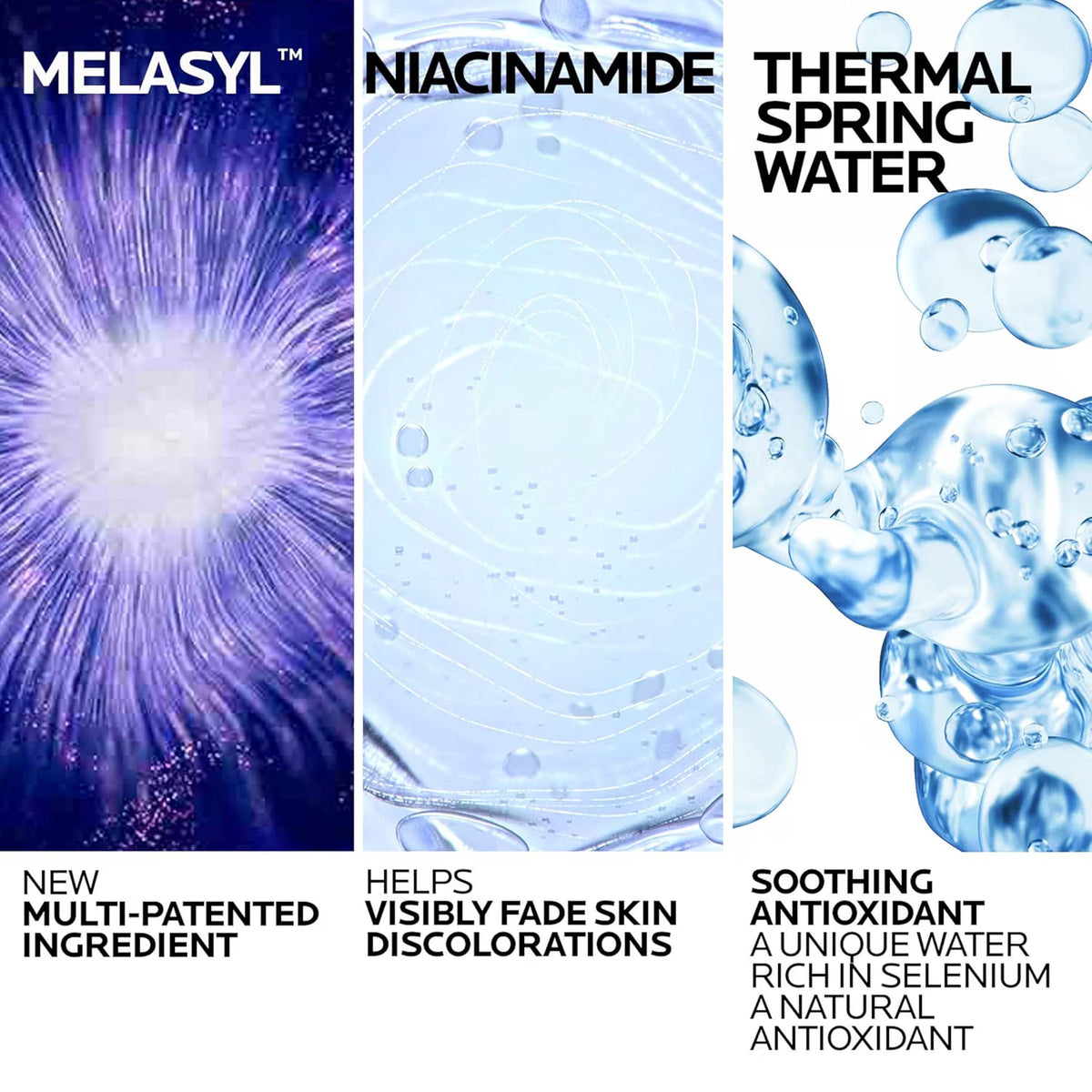 Three vertical panels with Melasyl, Niacinamide, and Thermal Spring Water text and images on a white background.