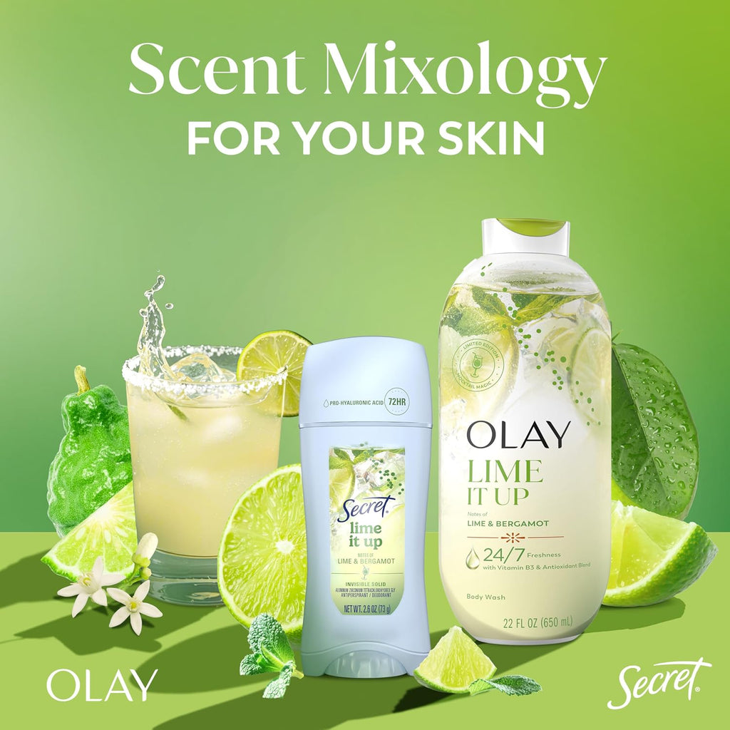 Olay and Secret scent mixology products displayed together on a green gradient background with lime slices, a drink, and text reading 'Scent Mixology FOR YOUR SKIN'. Visible products include an Olay Lime It Up bottle and a Secret Lime It Up deodorant stick.