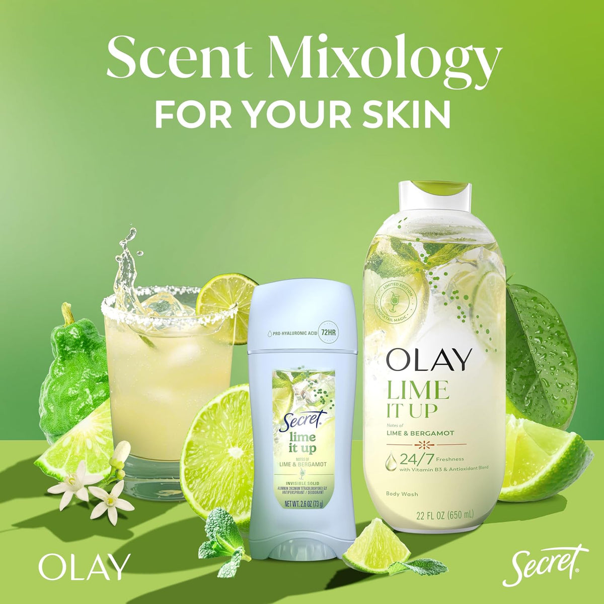 Olay and Secret scent mixology products displayed together on a green gradient background with lime slices, a drink, and text reading 'Scent Mixology FOR YOUR SKIN'. Visible products include an Olay Lime It Up bottle and a Secret Lime It Up deodorant stick.