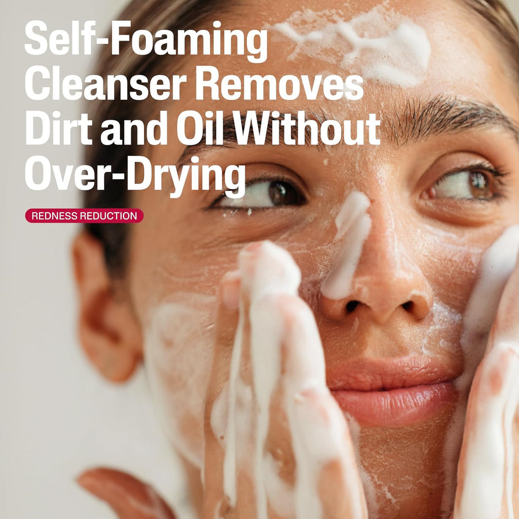 Person applying self-foaming cleanser to face with text highlighting product benefits