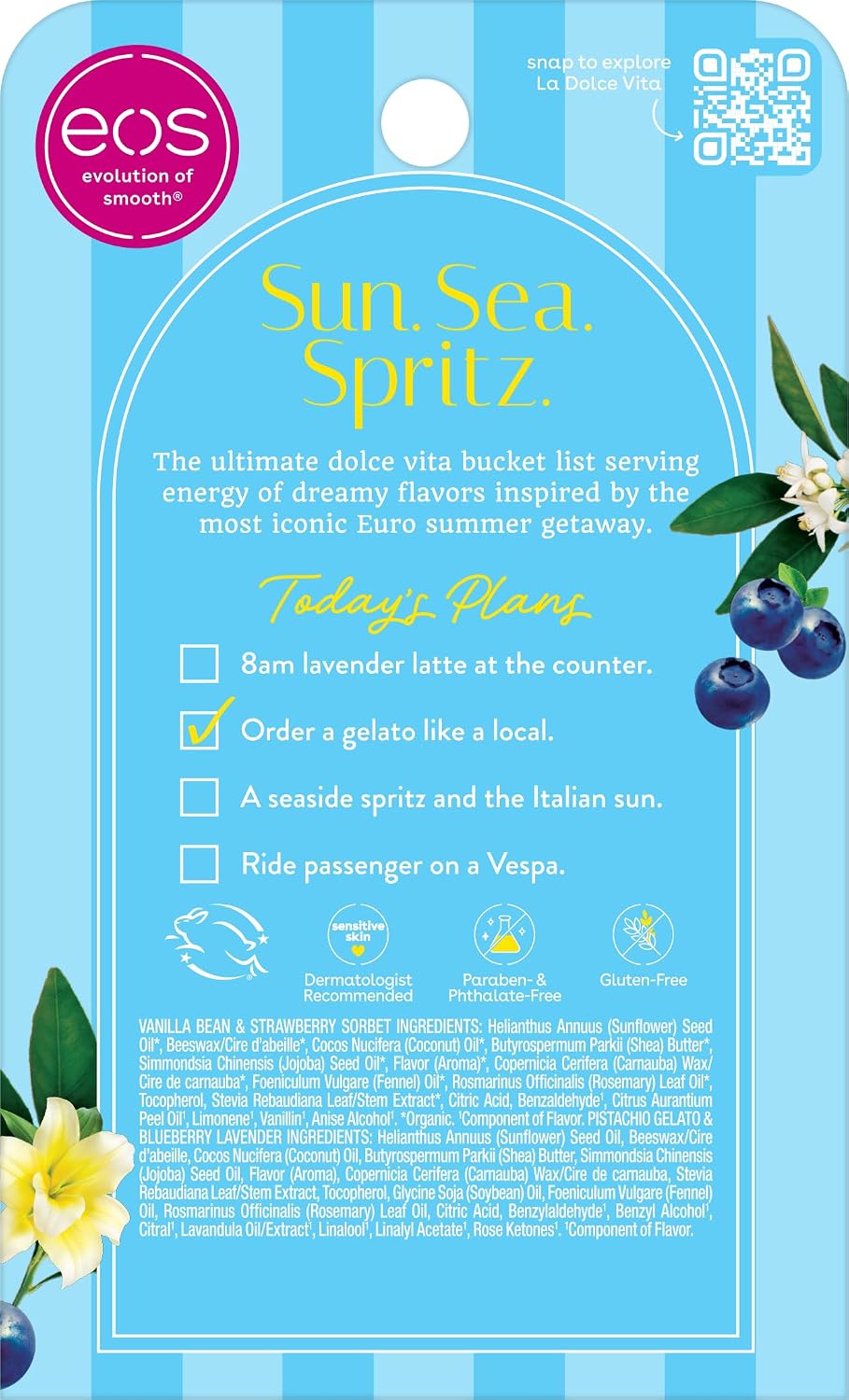 eos Sun Sea Spritz product packaging with blue background and floral elements