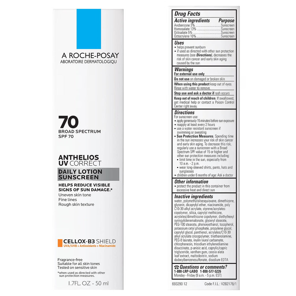 A Roche-Posay sunscreen label with product details on a white background