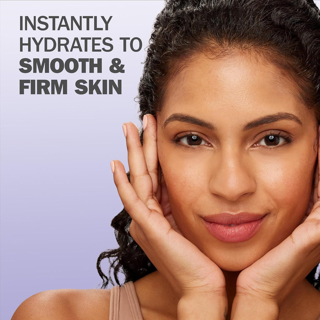 Woman with smooth and firm skin holding her face, with text 'Instantly hydrates to smooth & firm skin' on a purple background.