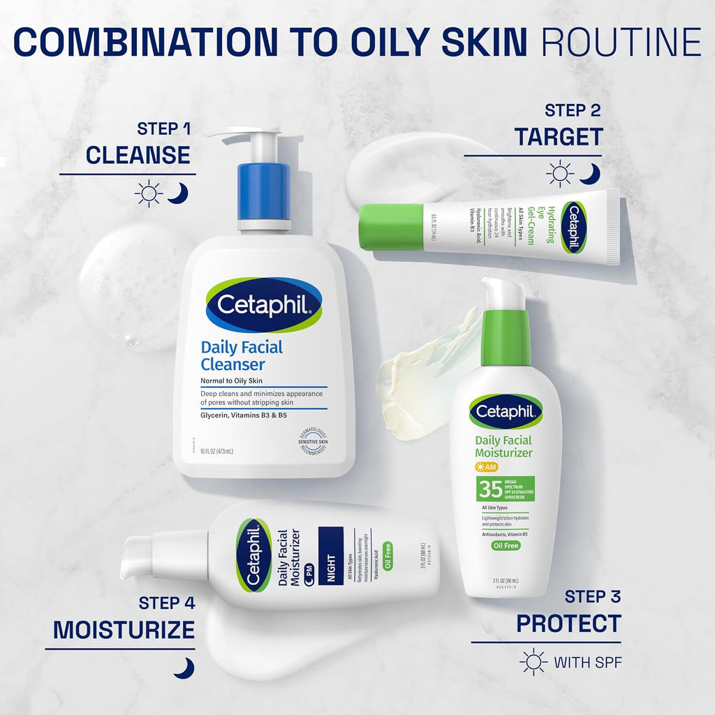 Cetaphil skincare products for combination to oily skin routine on a white background