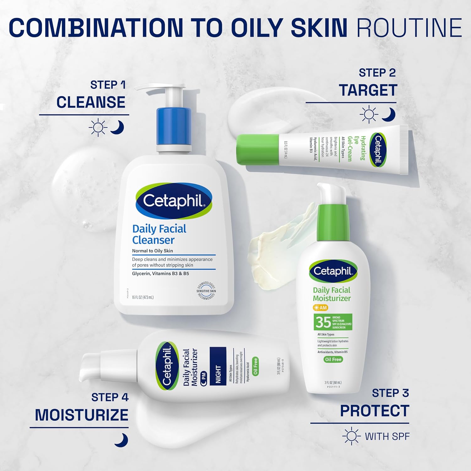 Cetaphil skincare products for combination to oily skin routine on a white background