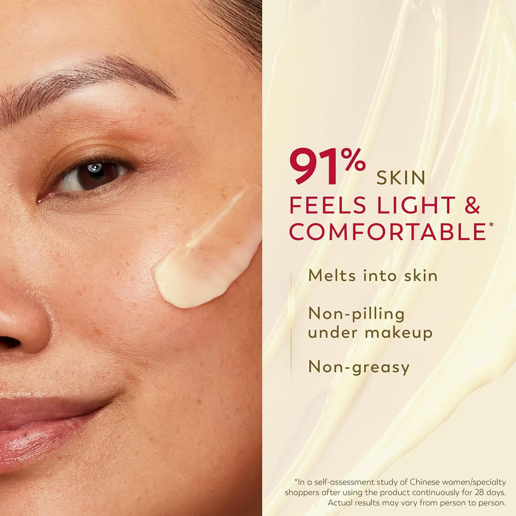 Close-up of a woman's face with a smear of cream on her cheek, next to text stating '91% SKIN FEELS LIGHT & COMFORTABLE' and additional product benefits on a warm cream background.