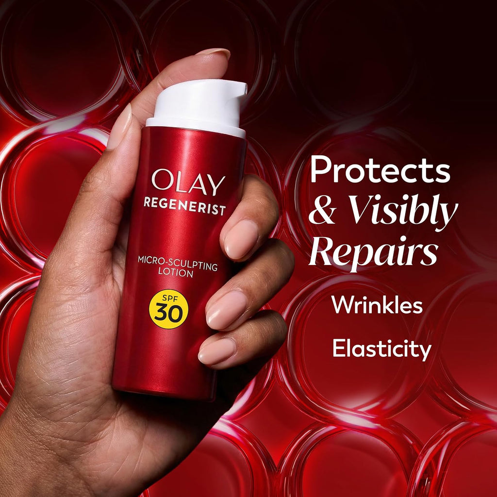 A hand holds an Olay Regenerist Micro-Sculpting Lotion SPF 30 bottle against a dark red background with circular textures and white promotional text.
