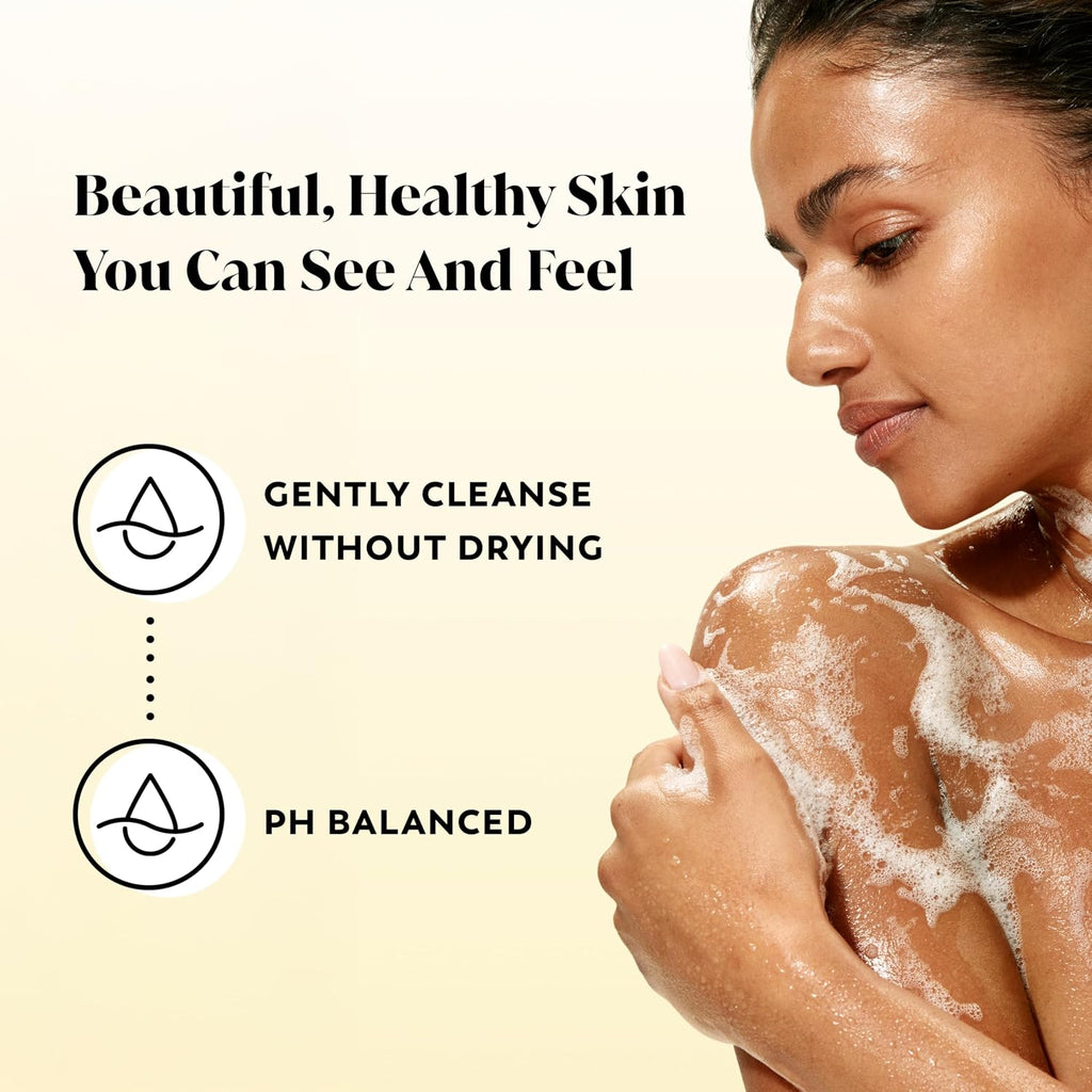 Woman washing her shoulder with soap, with text about skincare benefits on a beige background