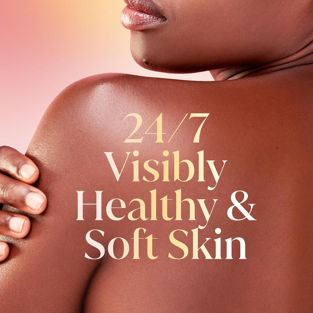 Close-up of a person's shoulder with text '24/7 Visibly Healthy & Soft Skin' on a gradient background.