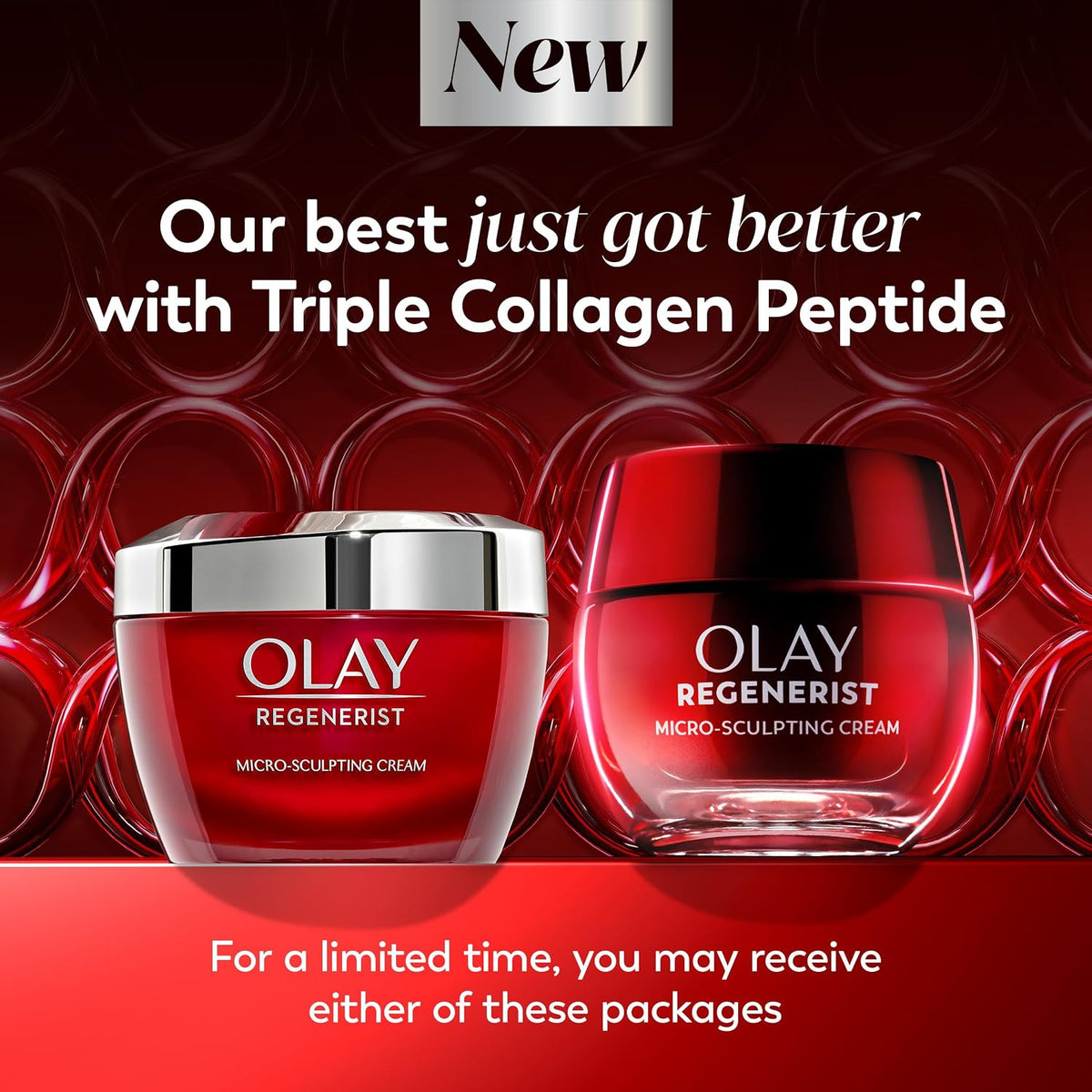 Olay Regenerist micro-sculpting cream with red and silver packaging on a red background.