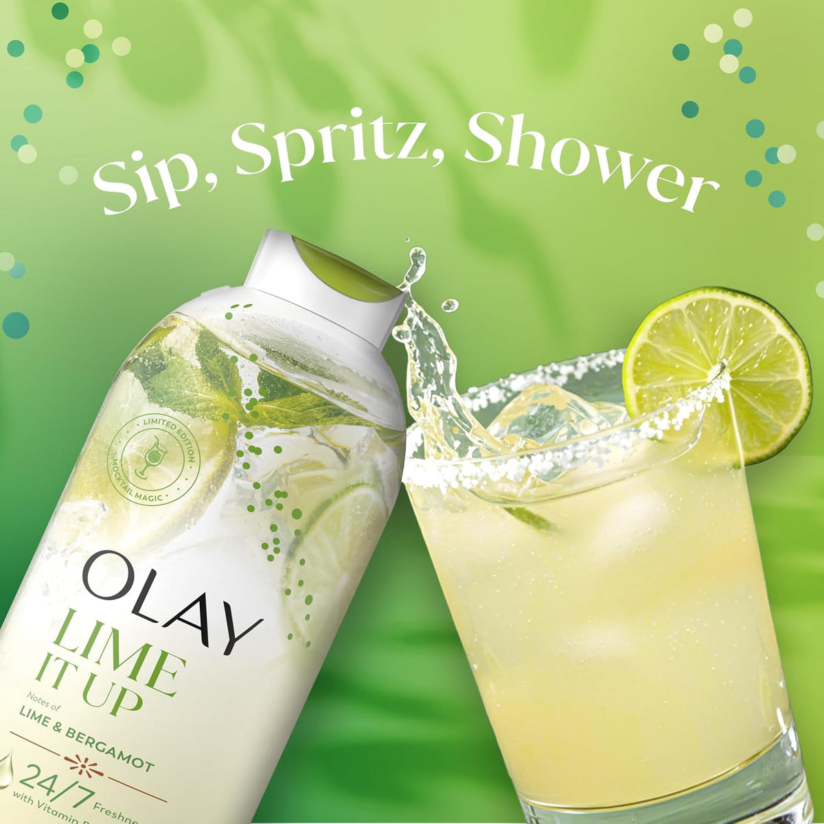 OLAY Lime It Up product with a glass of limeade on a green background