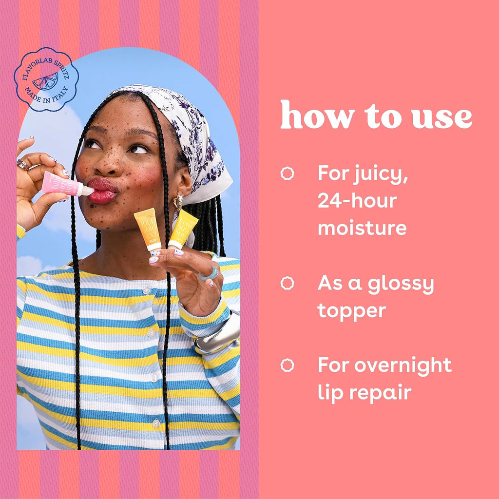 Woman applying lip balm with product usage instructions on a pink background
