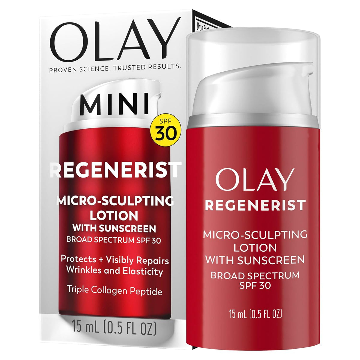 Olay Regenerist Mini Micro-Sculpting Lotion with Sunscreen SPF 30 shown in a red squeeze bottle next to its white and red retail box, featuring a yellow SPF 30 badge.