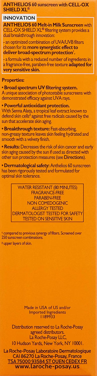 An annotated product information card for Taroche Posay's Innova ANTHO 150 sunscreen, detailing its composition, properties, and water resistance, with a prominent yellow safety panel at the bottom.
