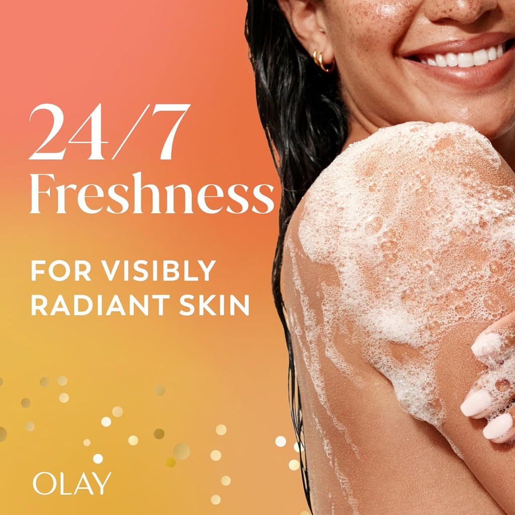 Woman with soapy skin and text about 24/7 freshness for visibly radiant skin by Olay.