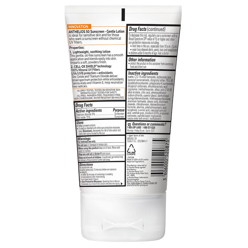 The back of a white squeeze tube of Anthelios 30 Sunscreen Lotion, showing detailed product information, ingredients, directions, and drug facts in black text on a white background.