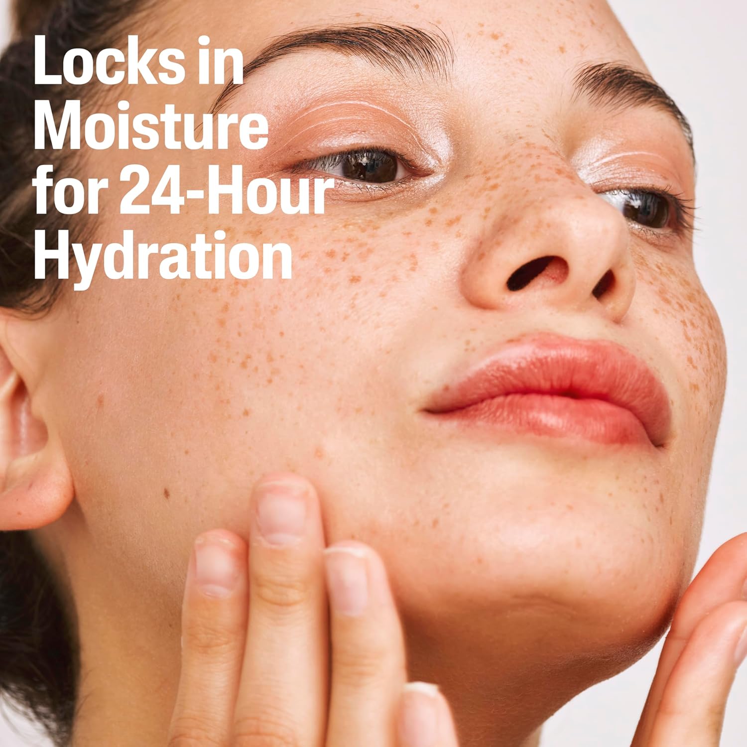 Close-up of a person's face with text about skincare product benefits