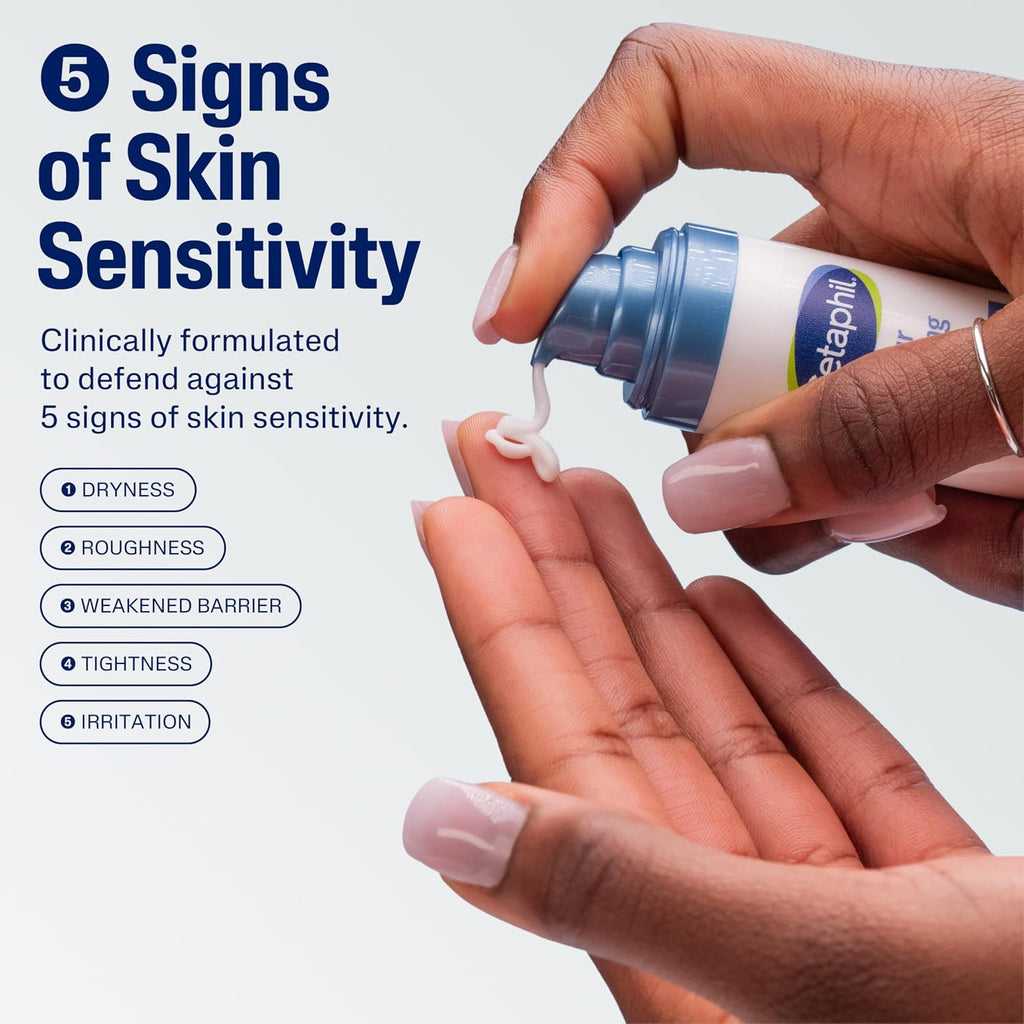 A close-up of a person applying or dispensing Cetaphil lotion from a white and blue pump bottle onto the back of their hand, with text on the left reading '5 Signs of Skin Sensitivity' and bullet points for dryness, roughness, weakened barrier, tightness, and irritation.