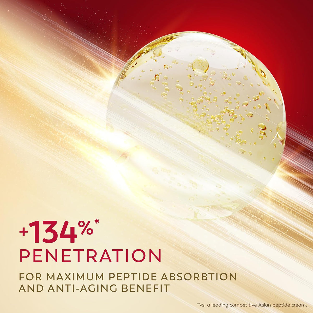 Cosmetic cream with gold particles on a red and gold gradient background, highlighting penetration benefits.