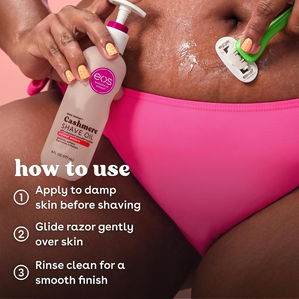 Close-up of a person shaving their torso while holding a bottle of EOS Cashmere Shave Oil and using a green-handled razor. White instructional text overlays the left side with steps for use.