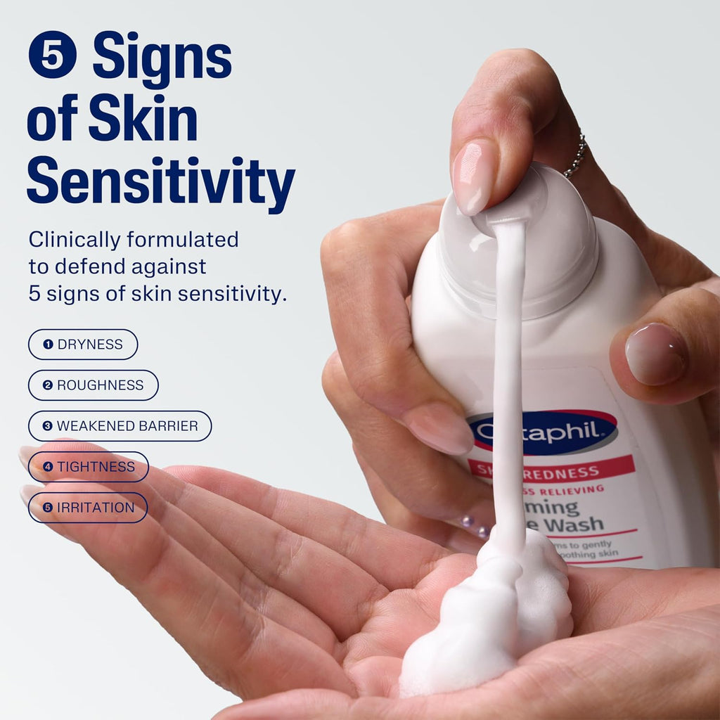 Cetaphil product being dispensed into a hand with text about skin sensitivity.