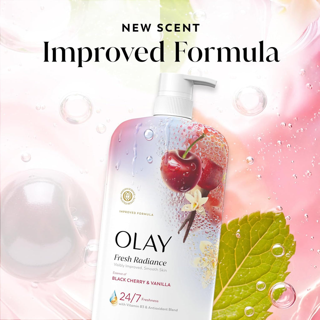 Olay Fresh Radiance bottle with cherry and vanilla elements on a colorful background
