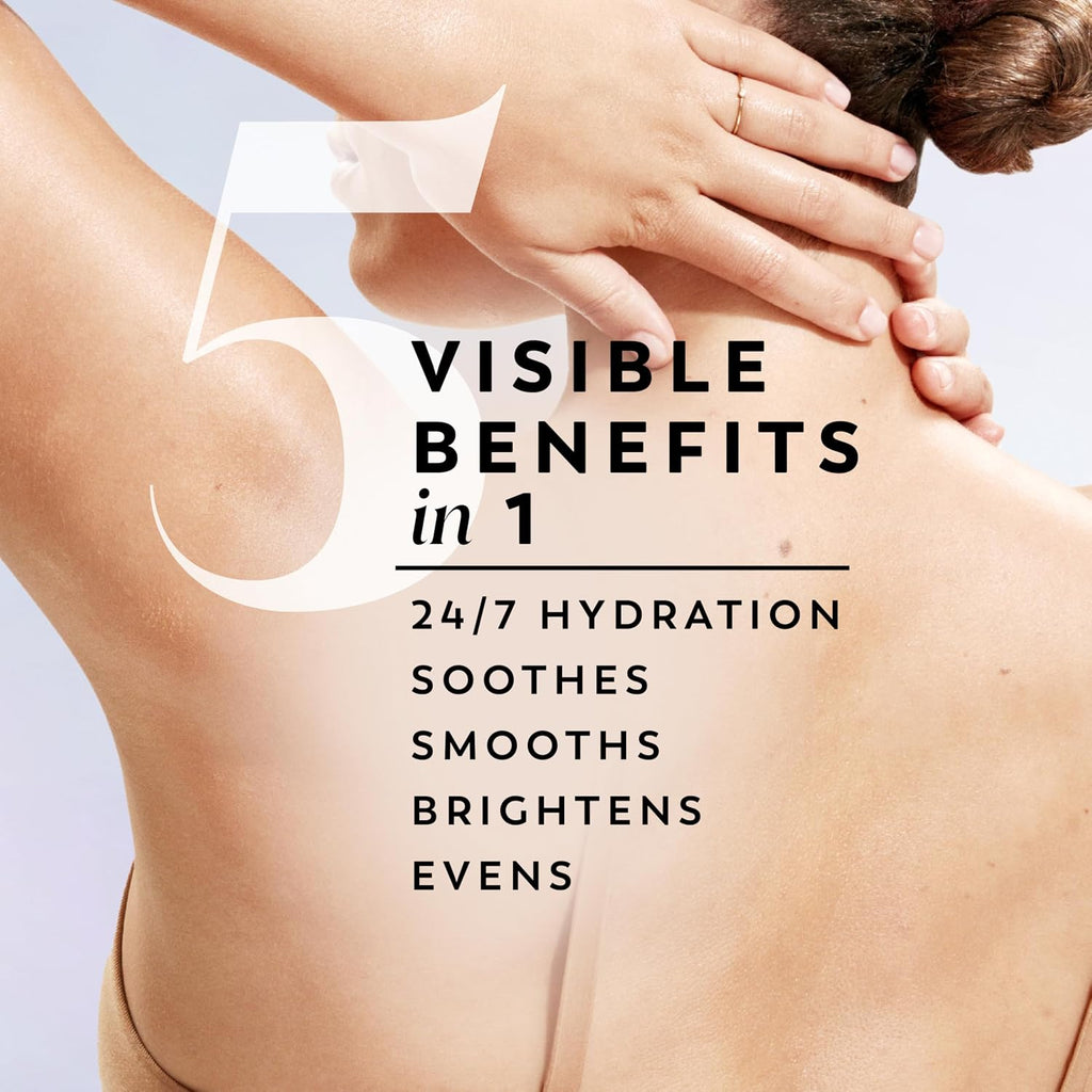 Person applying a skincare product to their shoulder with text highlighting benefits on a light background