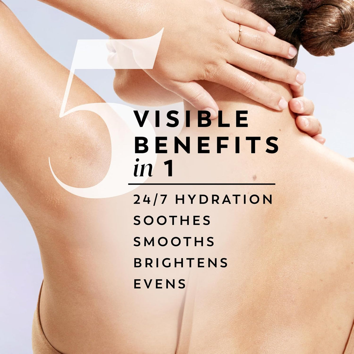 Person applying a skincare product to their shoulder with text highlighting benefits on a light background