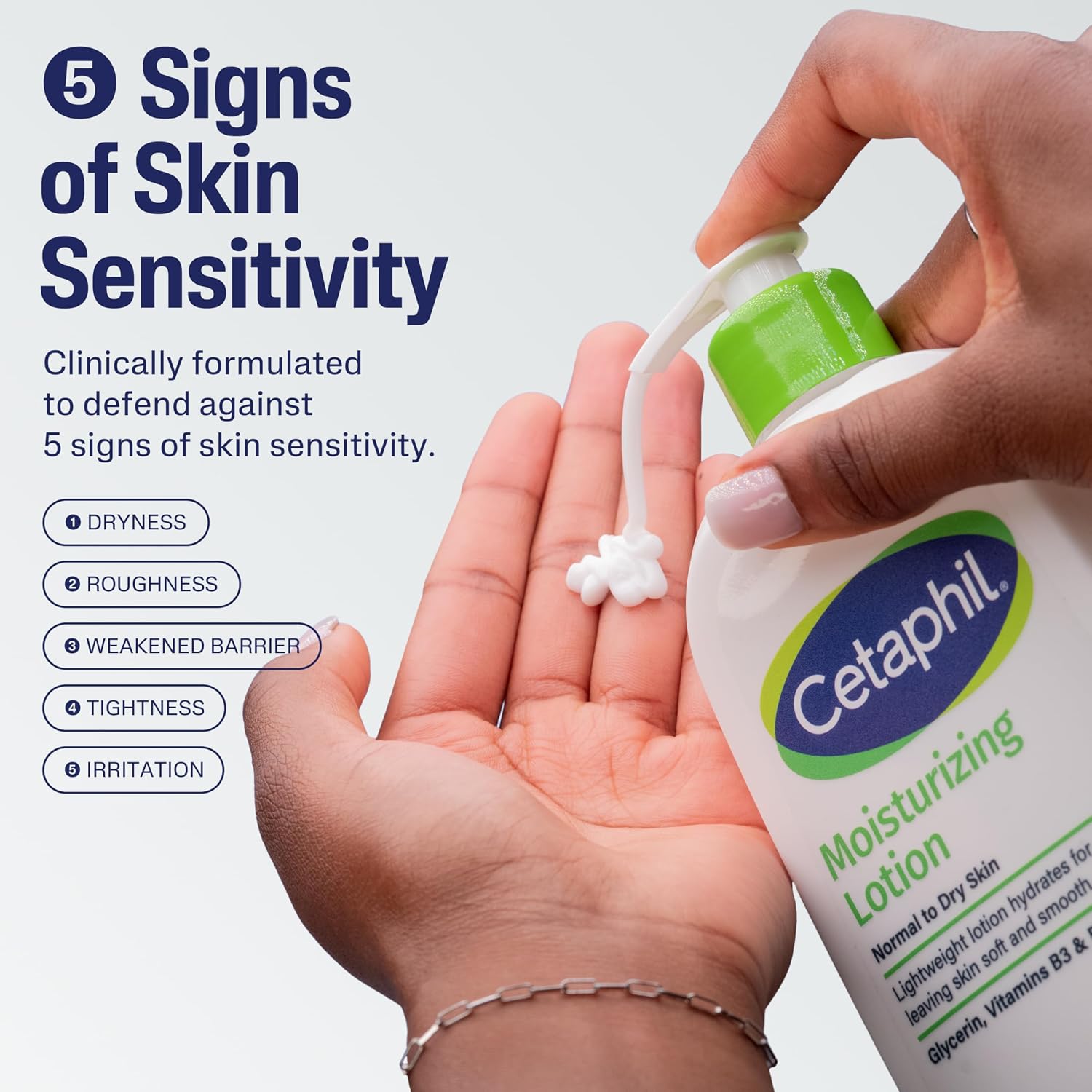 Cetaphil moisturizing lotion being applied to a hand with text about skin sensitivity.