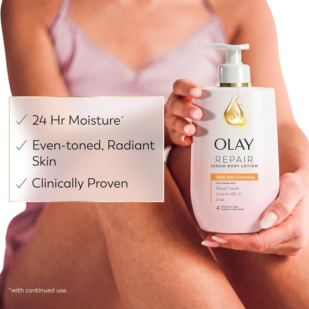 A woman in a light pink lingerie set holds an Olay Repair Serum Body Lotion bottle. A text box on the left lists product benefits: 96 Hr Moisture, Supple, Smooth Skin, and Clinically Proven.