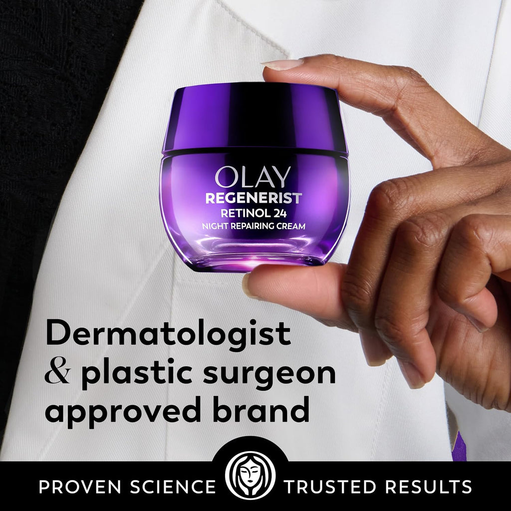 A hand holding an Olay Recenerist Retinol 24 Night Repairing Cream jar against a white coat background, with text reading 'Dermatologist & plastic surgeon approved brand' and 'Proven Science Trusted Results'.