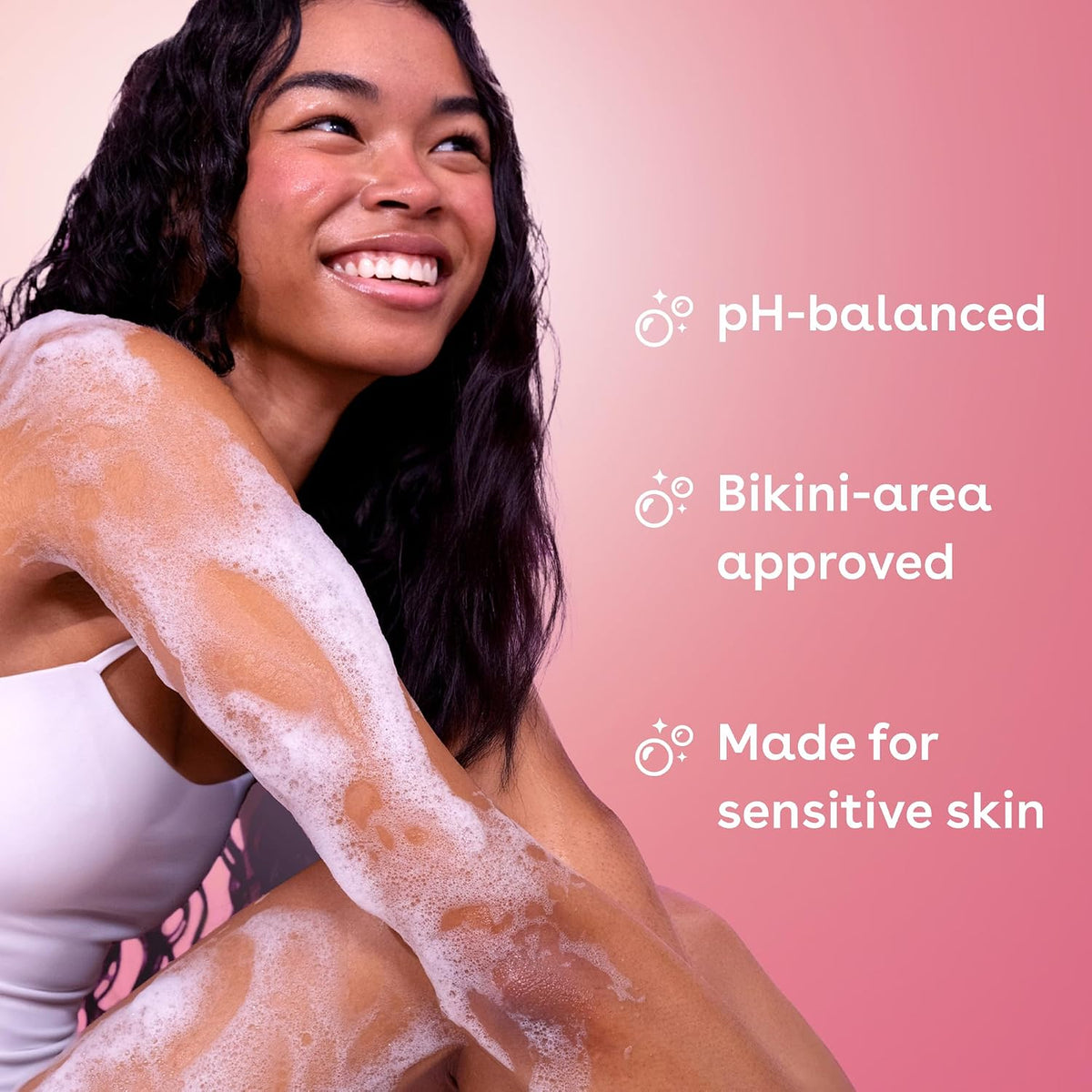 Woman with foamy product on her arm against a pink background with text about product features.