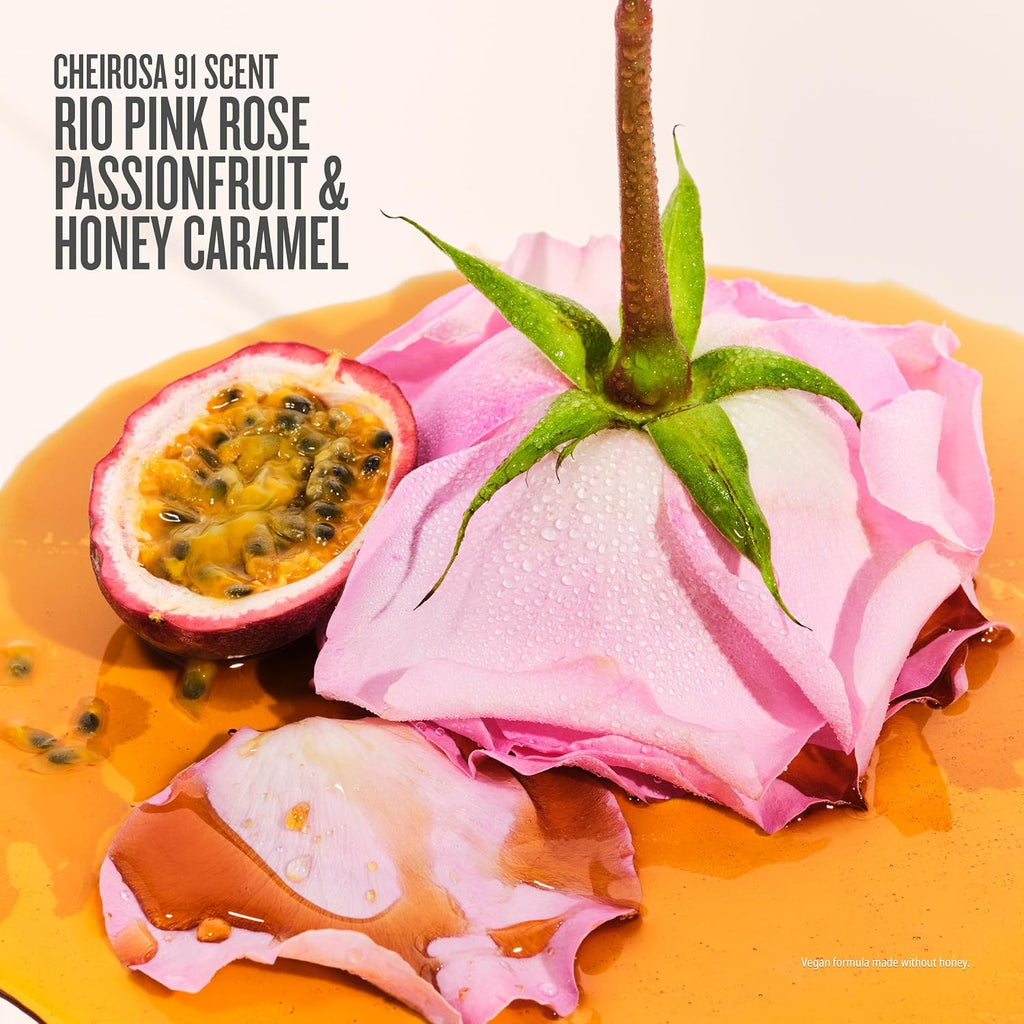 Pink passionfruit with a rose on an orange background, labeled 'Rio Pink Rose Passionfruit & Honey Caramel'.