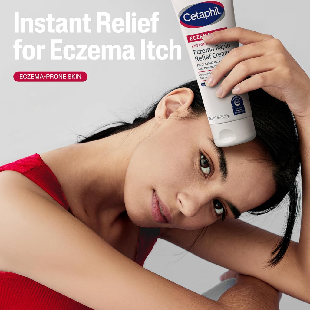 Woman applying Cetaphil Eczema Relief Cream to her face with text 'Instant Relief for Eczema Itch'.