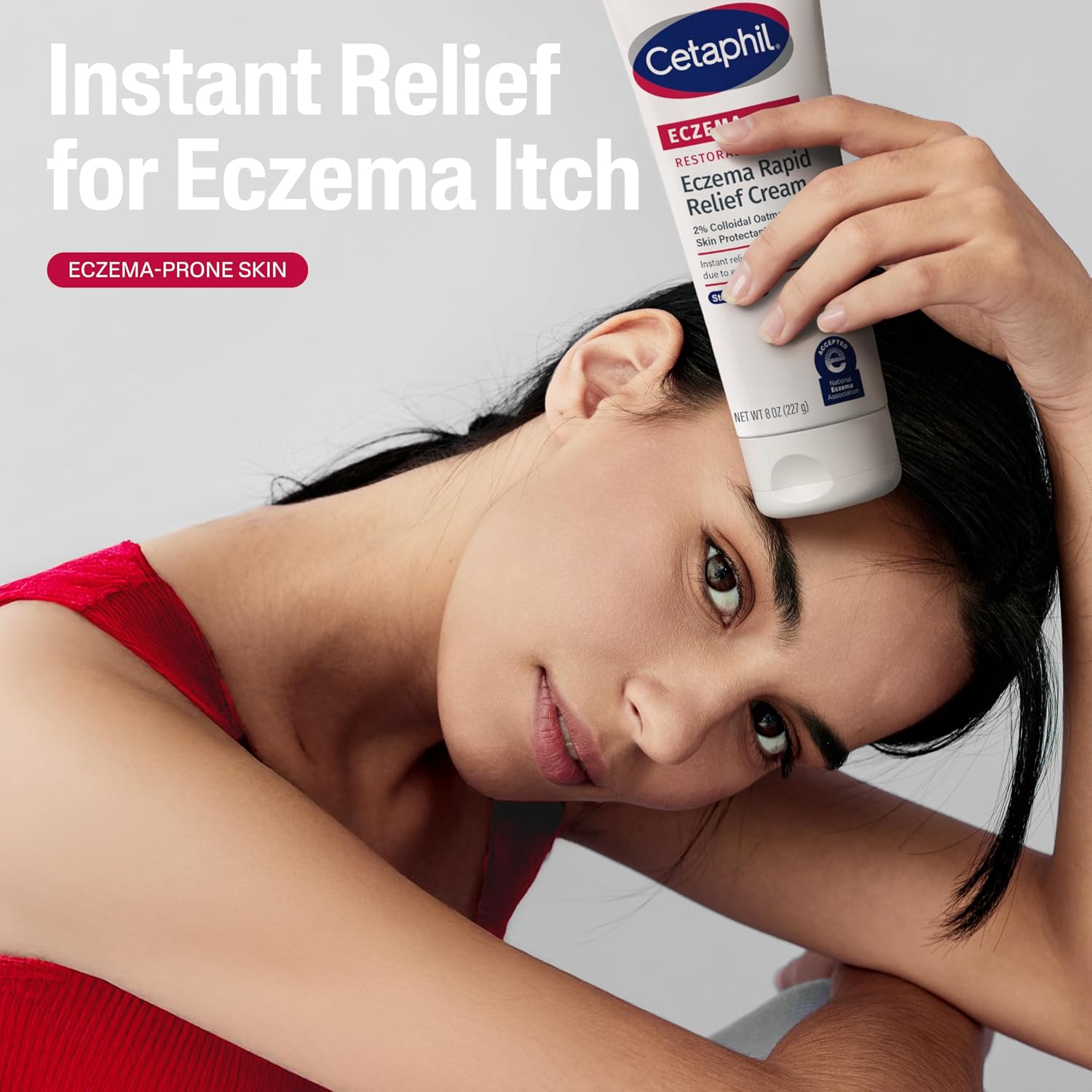 Woman applying Cetaphil Eczema Relief Cream to her face with text 'Instant Relief for Eczema Itch'.