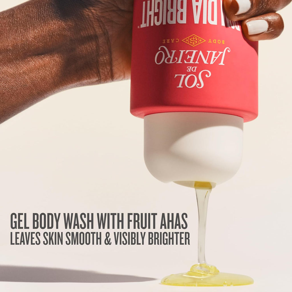 Red bottle of 'Anelito de Sol' gel body wash being squeezed with text highlighting benefits.