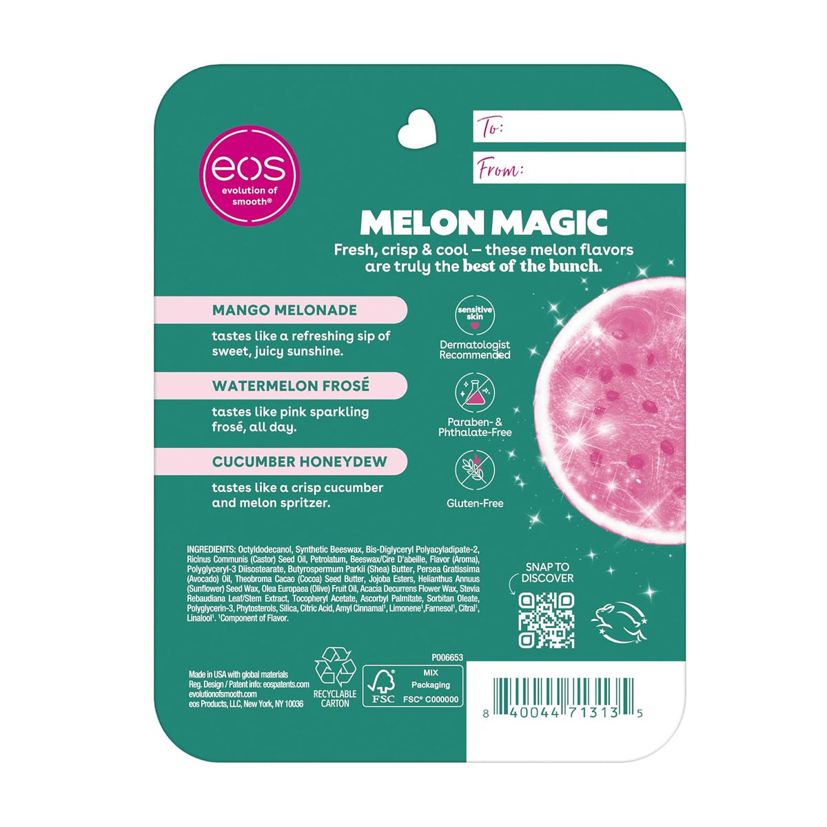 A single EOS Natural Ingredients 'Melon Magic' reusable fragrance oil card, featuring a dark teal background with pink and white text, a pink melon graphic, and flavor options listed on the left.