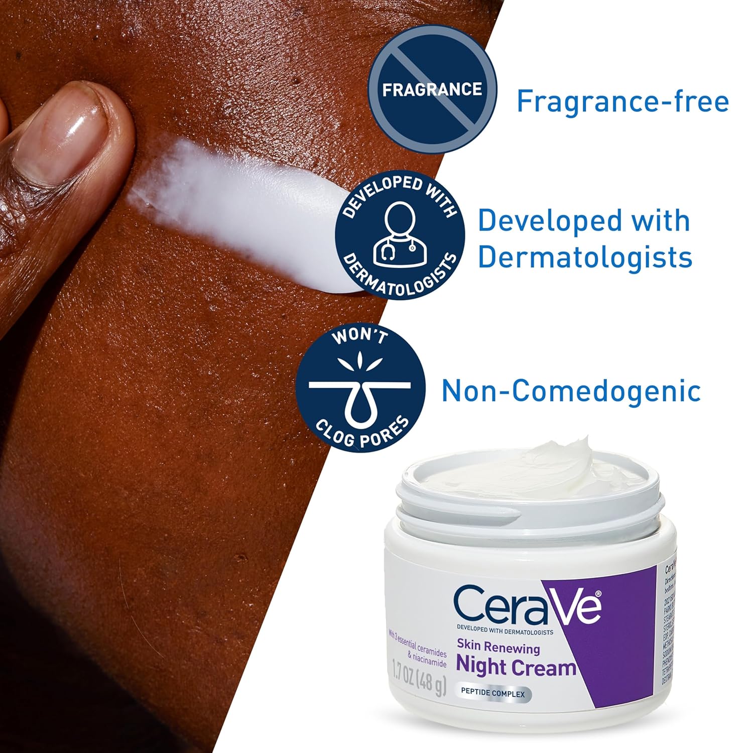 CeraVe skin cream jar with branding and product features on a brown background